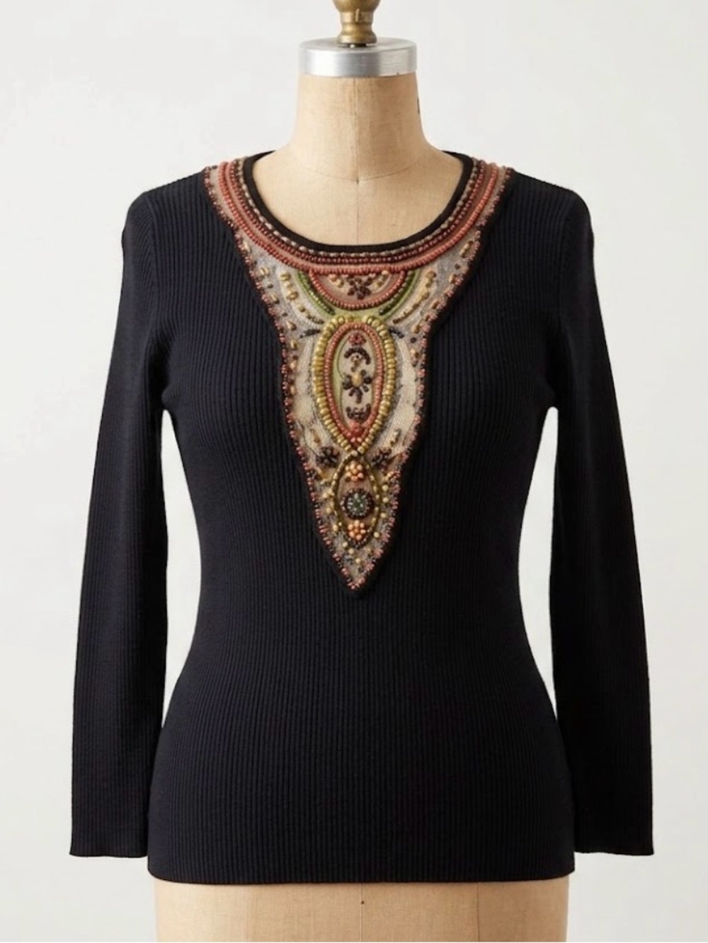 Beaded Bib Ribbed Knit Top Whimsigoth Art to Wear Boho Black Berek Size Medium